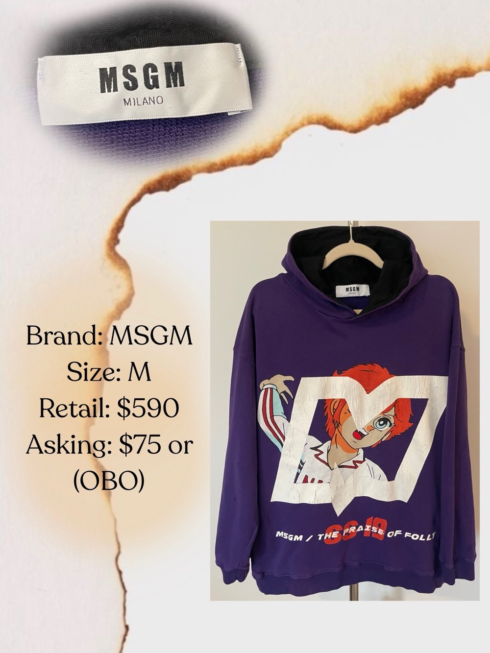 MSGM Purple Hoodie with Orange & White Anime Graphic